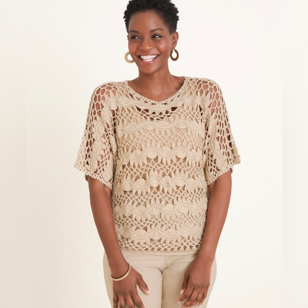 NWOT Chico’s Open- Crochet Pullover Sweater, Size 00